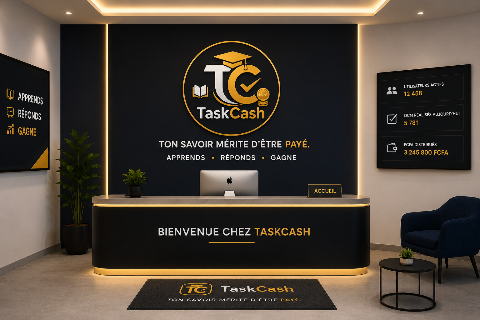 TaskCash — smartphone premium avec pièces FCFA et portefeuille